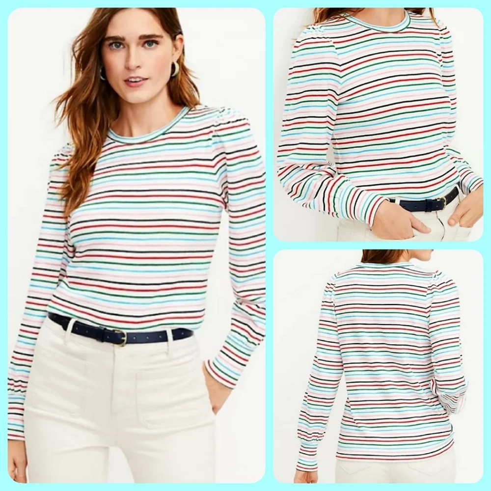 NWT LOFT Striped Puff Shoulder L/S Tee - Picture 1 of 4